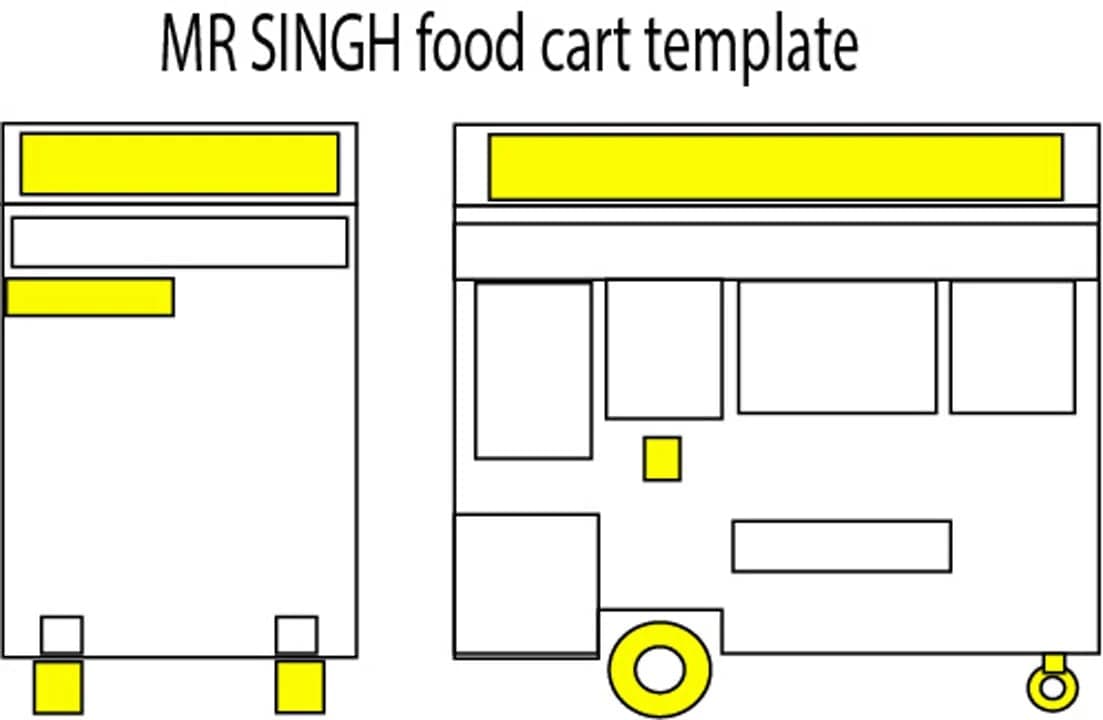 Flat food cart wrap template drawing with the window, hardware and panel areas marked