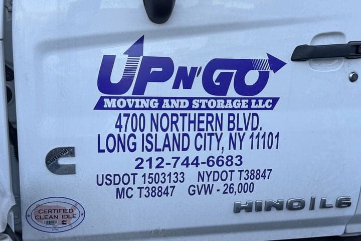 Cab door lettering for Up N' Go Moving and Storage showing a 4700 Northern Blvd, Long Island City address with USDOT, NYDOT, MC and GVW numbers